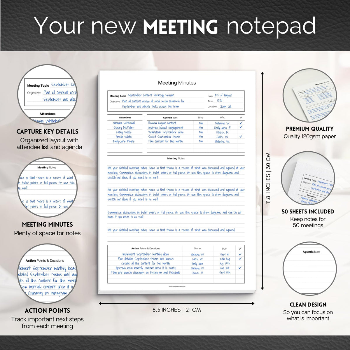 Templatables Meeting Minutes Note Taking Professional Notepad | Plan, Record and Track Actions, Agendas from all your Important Meetings Desk Pad | 50 Undated Tear Away Sheets A4 | Mono