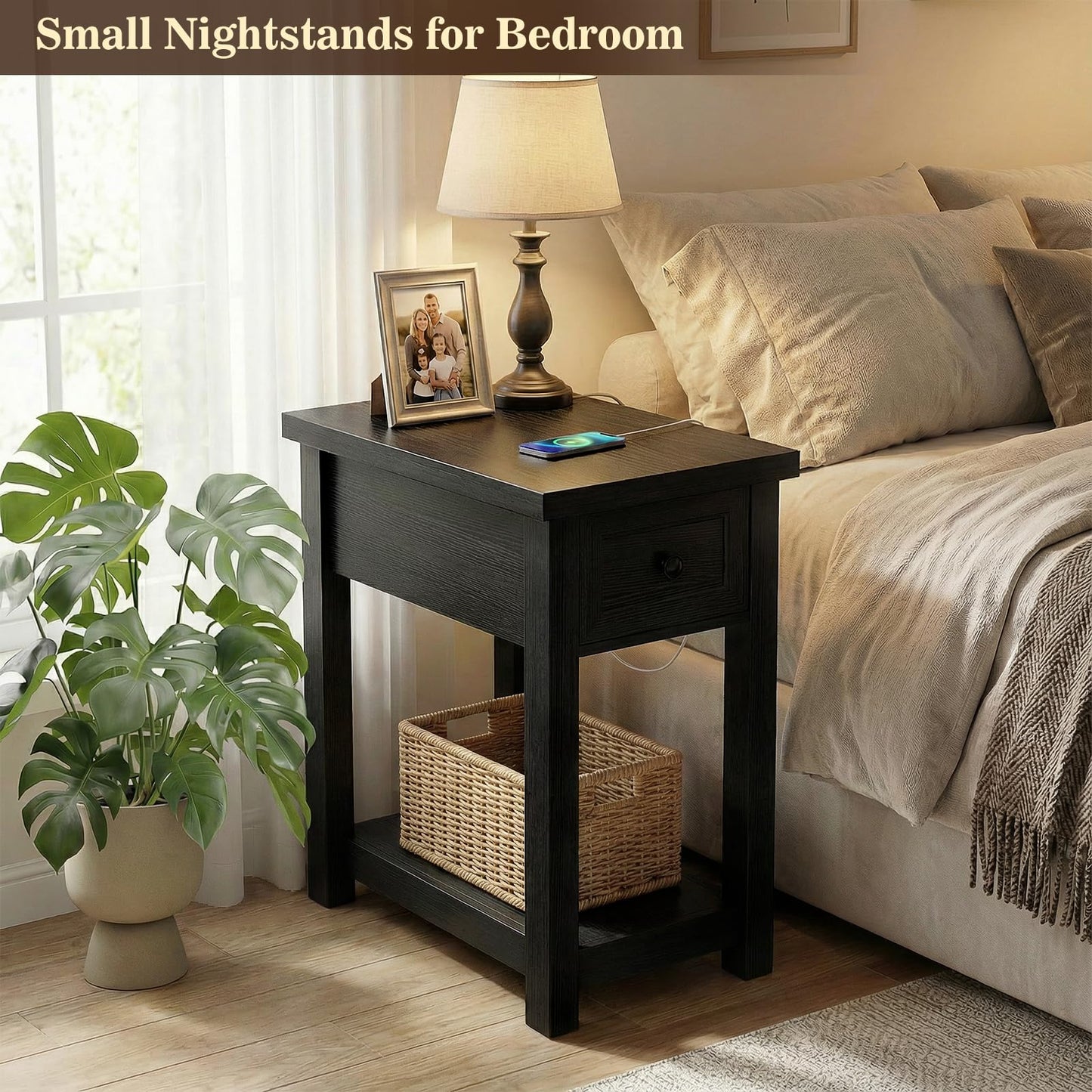 Armocity Narrow End Table with Charging Station - Farmhouse Side Table with Drawer, 14" Wide Wood Nightstand Slim Couch Bedside Table for Living Room Bedroom Small Spaces, Black