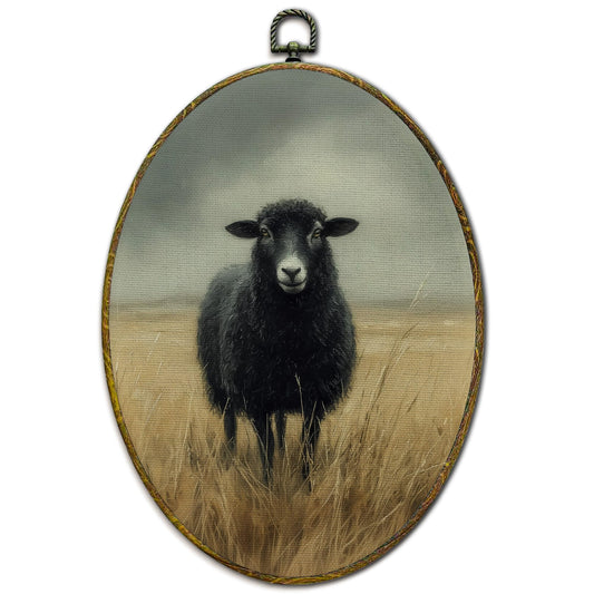XFCICRLJ Vintage Farmhouse Black Sheep Wall Art Decor, Rustic Cottagecore Sheep Oval Canvas Prints Framed, Countryside Farm Animal Wall Art Decorations for Home Bedroom Living Room Decor, 11x8.5 Inch
