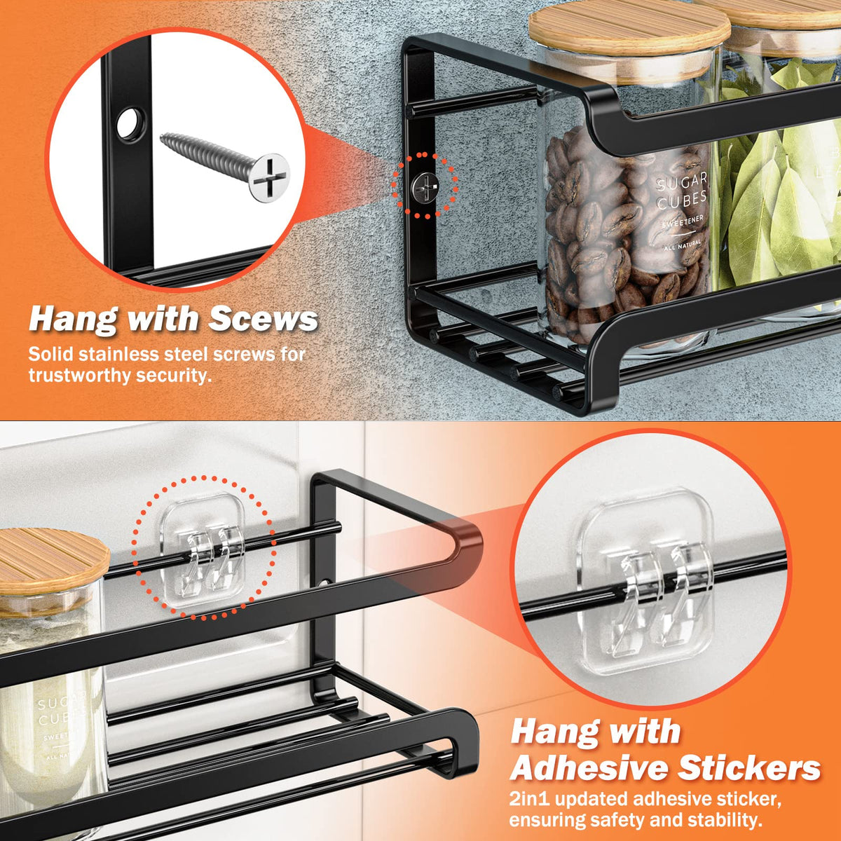 Bunoxea Spice Rack Wall Mounted 4 Pack,Space-Saving Spice Organizer for Spice Jars and Seasonings,Screw or Adhesive Hanging Spice Rack Organizer for Your Kitchen Cabinet,Pantry Door,11.41x2.75x2.75in