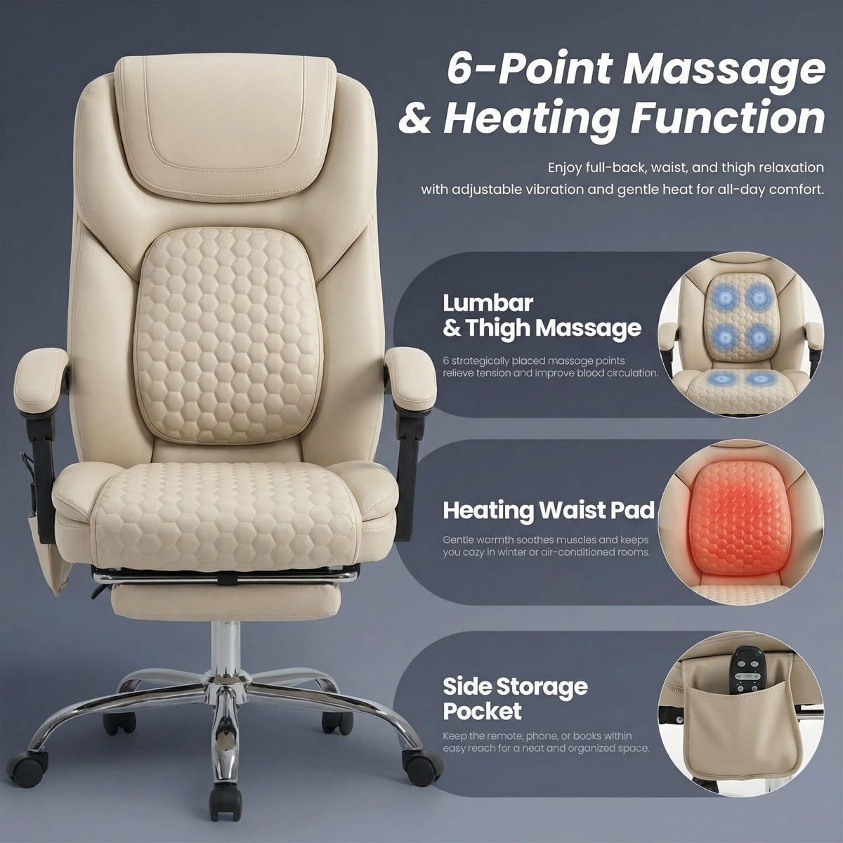 MALOL Massage Office Chair with Heat and Footrest - 3-Level 65°C Targeted Heating, 20-Min Easy Assembly Leather Desk Chair, Big and Tall Executive Computer Chair with Side Pocket, 300 lbs, Beige