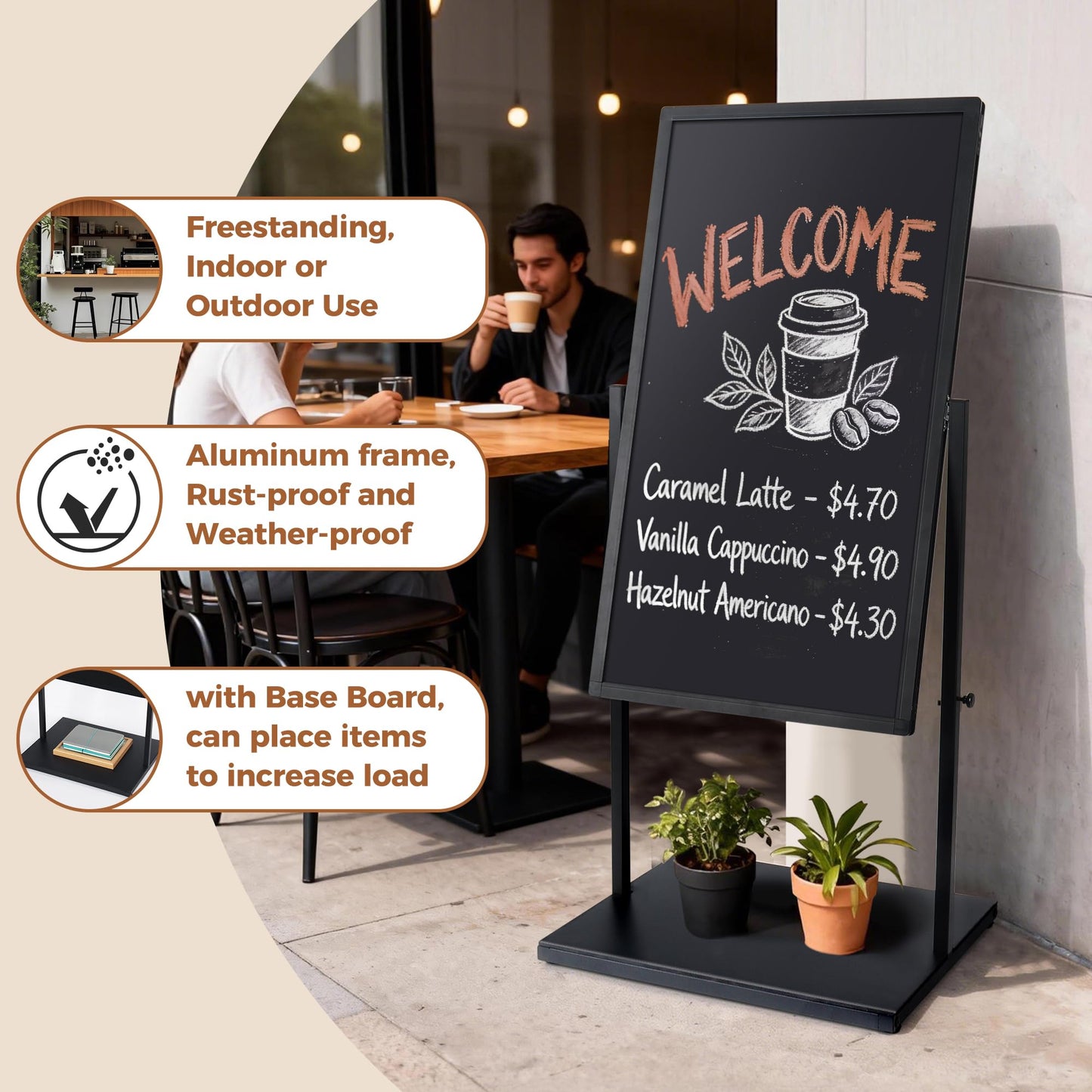 SELEAD 20”x45” Magnetic Aluminum Frame Chalkboard with Metal Floor Stand - 360° Reversible Double-Sided Chalk Board Heavy-Duty Indoor Outdoor Sign Board for Menu, Business, Cafe, Home Office