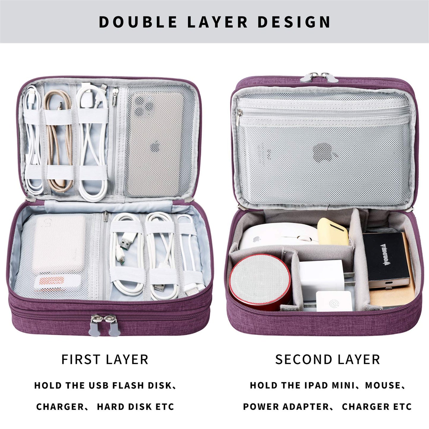 mygreen Electronics Travel Organizer Storage Bag, Double Layer Universal Traveling Gear Accessories Carrying Cover Pouch for iPad Mini Cables Phone Chargers Adapter Flash Hard Drive and More Purple