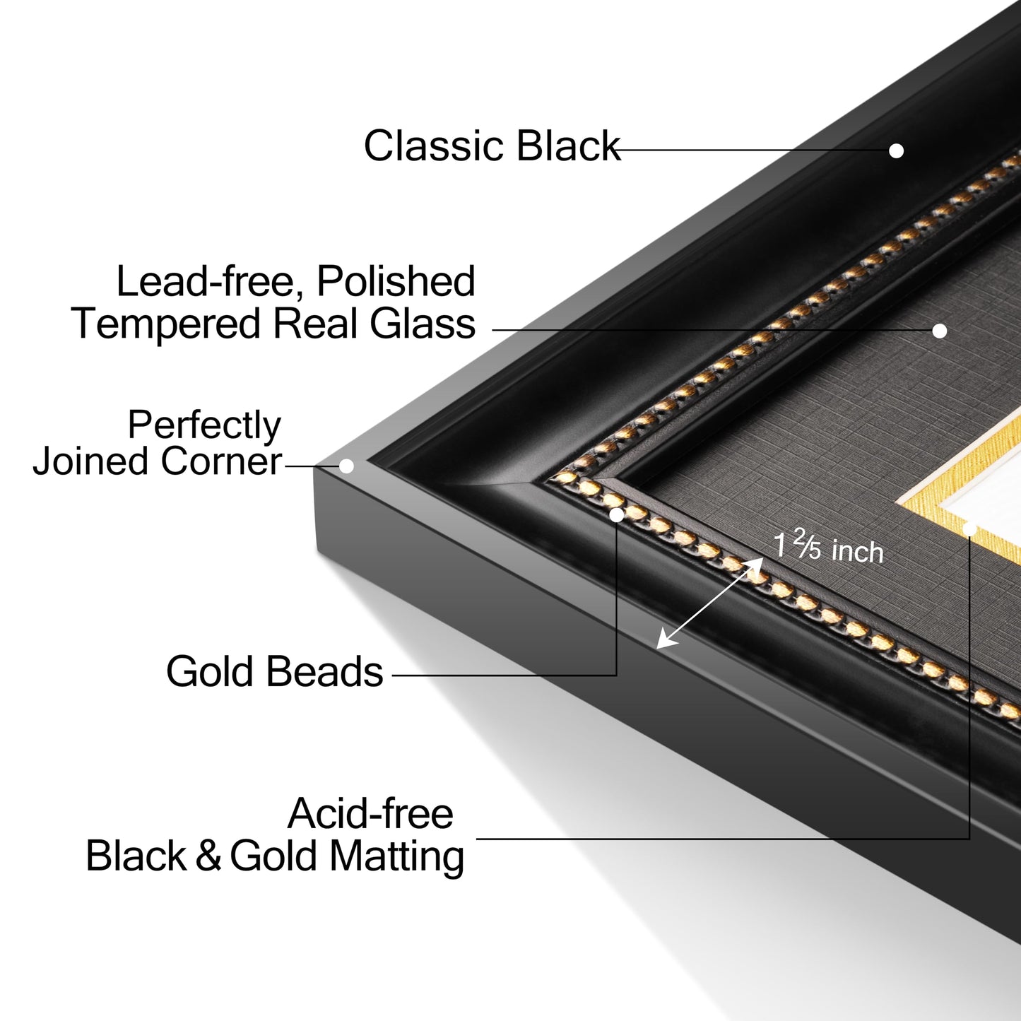 Yaetm 11x14 Diploma Frame, Certificate Frame with Tempered Glass, Display 8.5x11 Document with Black Over Gold Acid-free Mat, Degree Frames for Wall and Tabletop, Black with Gold Beads, 1 Pack