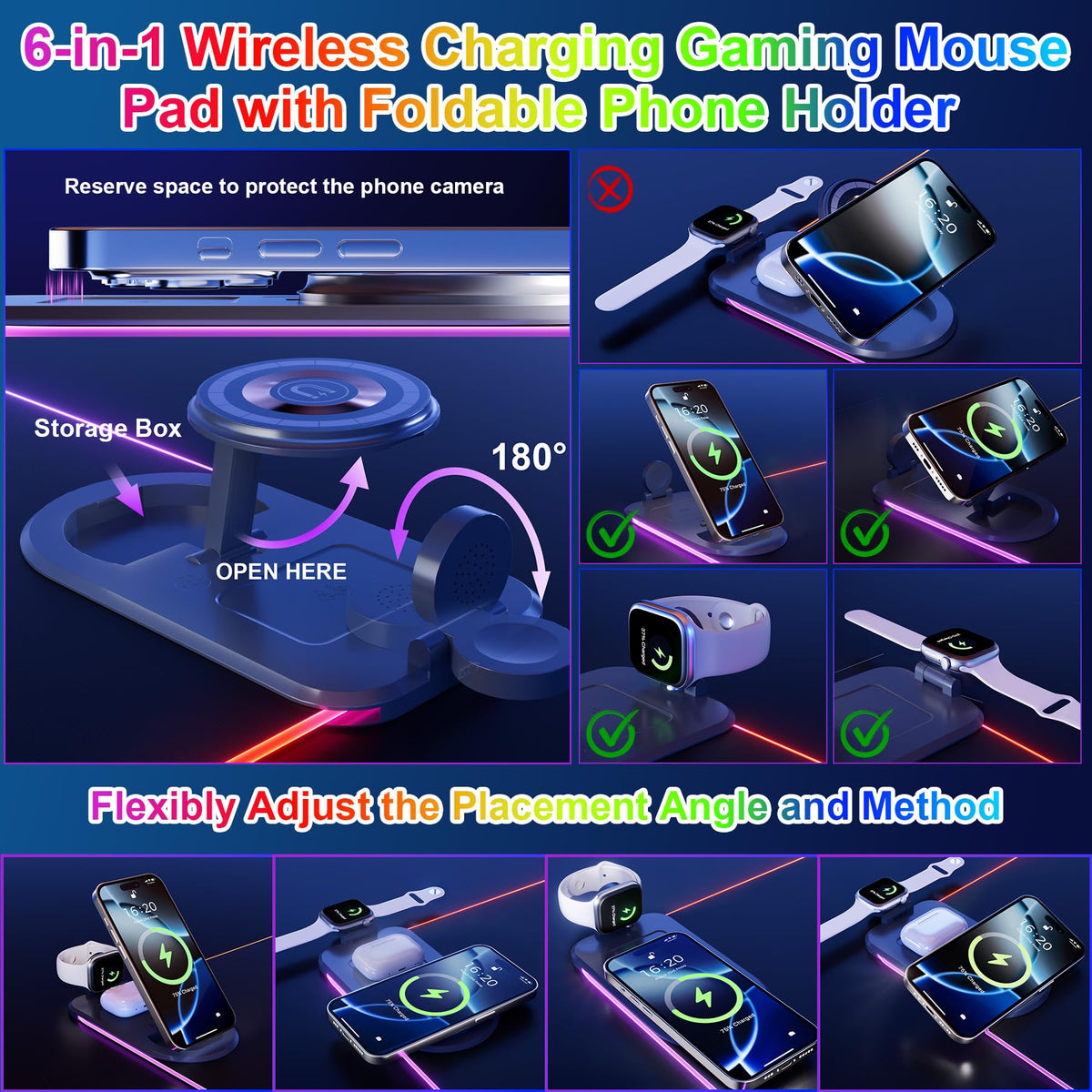 HAUTOCO Wireless Charging Mouse Pad 15W RGB Gaming Mousepad Waterproof Desk Mat with Phone Holder 35.4''x11.8'' Extra Large Desk Pad Non-Slip Base Computer Keyboard Mat for PC Laptop, Black