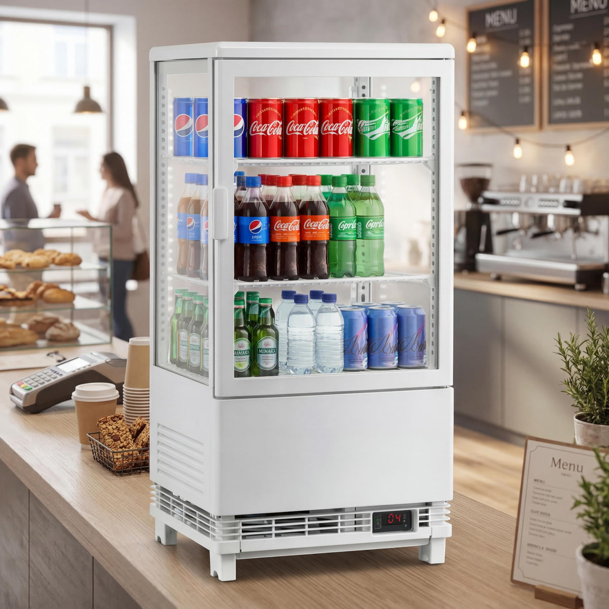 Countertop Display Refrigerator 2.0 Cu.ft, LED Light, Air-Cooling, Sliding Door, Adjustable Shelves, Automatic Defrost, Commercial Mini Fridge for Bakery, Cafe, Restaurant, White