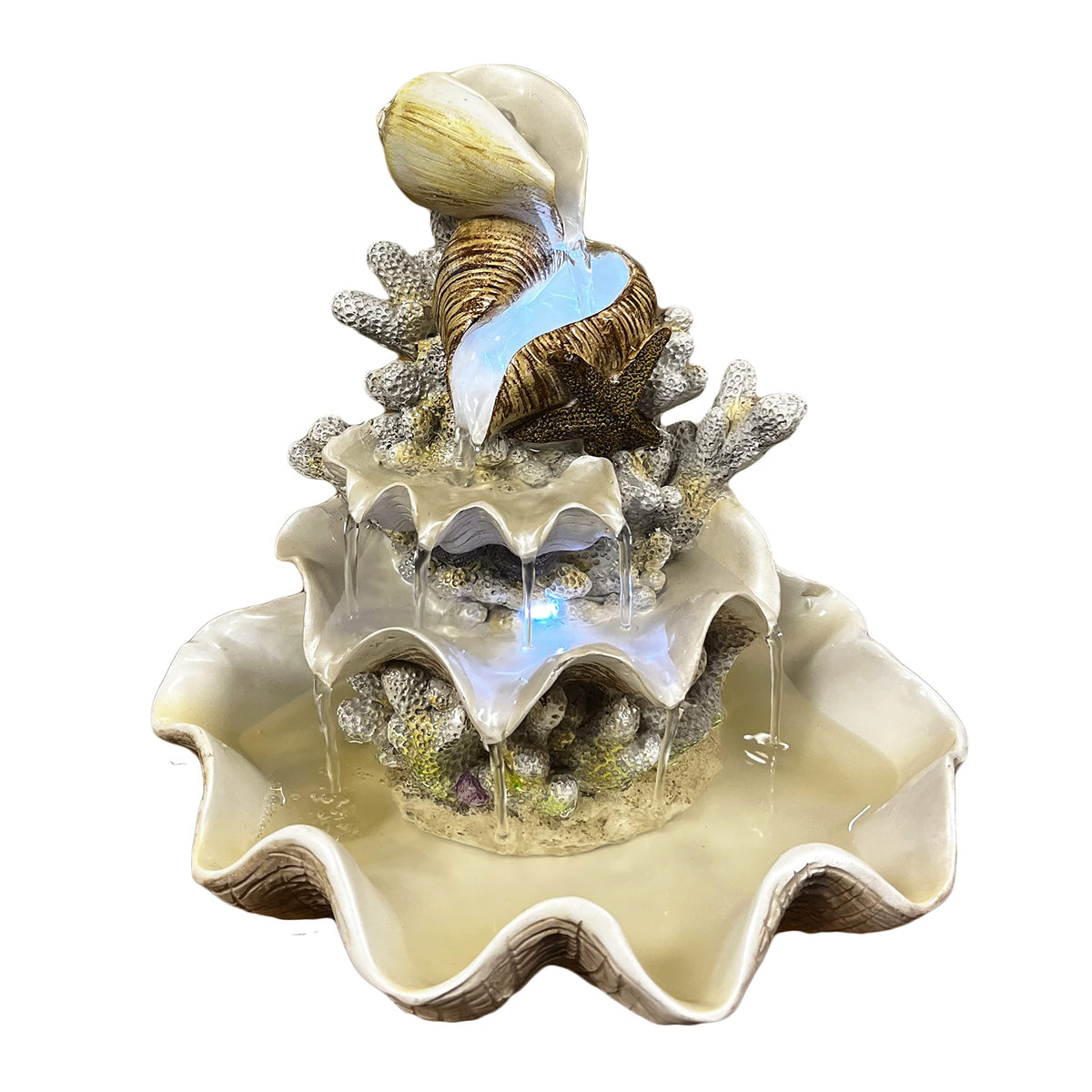 10.5" H Coral Reef Shell Fountain Indoor Fountain with LED Lights and Adjustable Motor Pump (Power Cord Attached) (Resin)