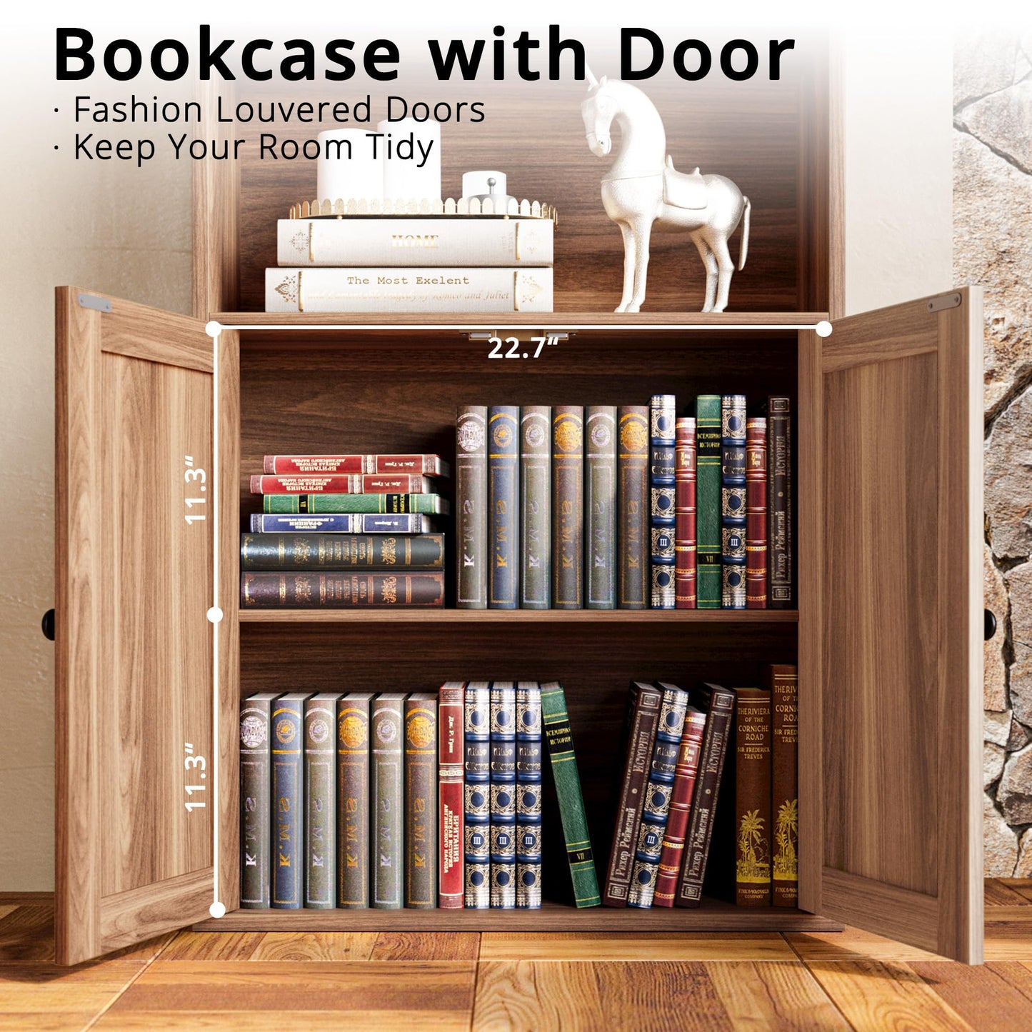 IRONCK Industrial Bookshelves and Bookcases with Doors Floor Standing 6 Shelf Display Storage Shelves 70 in Tall Bookcase for Home Office, Living Room