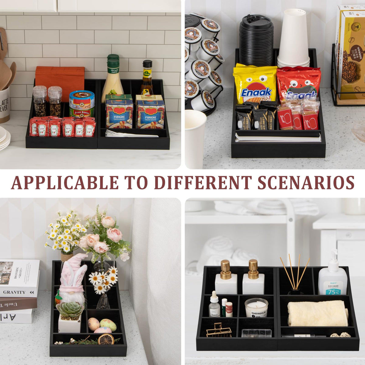 ANBOXIT Coffee Station Organizer for Countertop, Condiment Service Organizer, Coffee Bar Supplies Caddy for Home, Office and Breakroom - Wooden, Black, 9 Compartment, Two-in-One