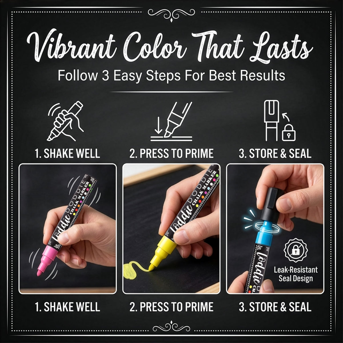 Loddie Doddie Chalk Markers - Pack of 24, 6mm Reversible Tips - Liquid Chalk Pens for Glass Surfaces & Windows - Erasable Pens for Chalkboard Calendar - Non-Toxic Chalkboard Markers