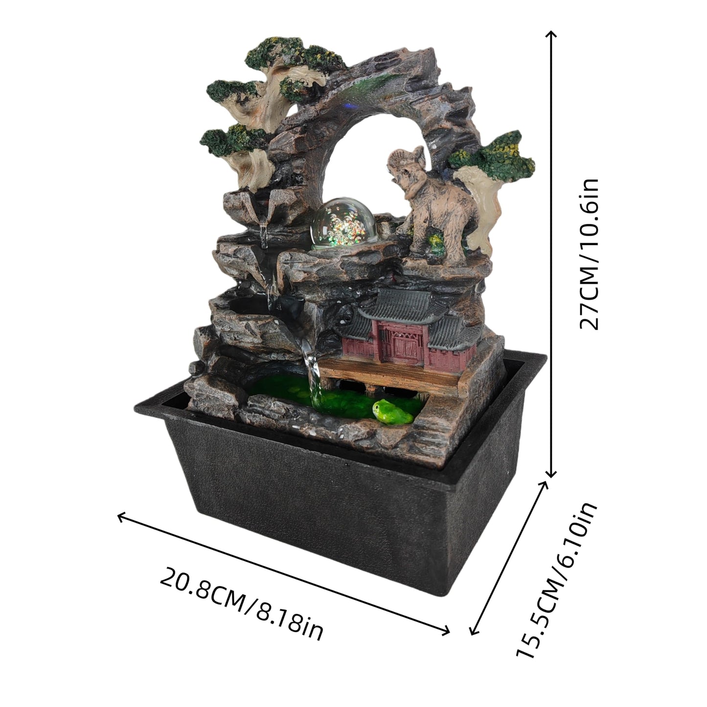 Elephant Asian Pagoda Tabletop Water Fountain, LED Crystal Ball Cascading Rock Waterfall, Indoor Outdoor Zen Decor for Home Office Patio, Soothing Relaxation Sound, Housewarming Gift