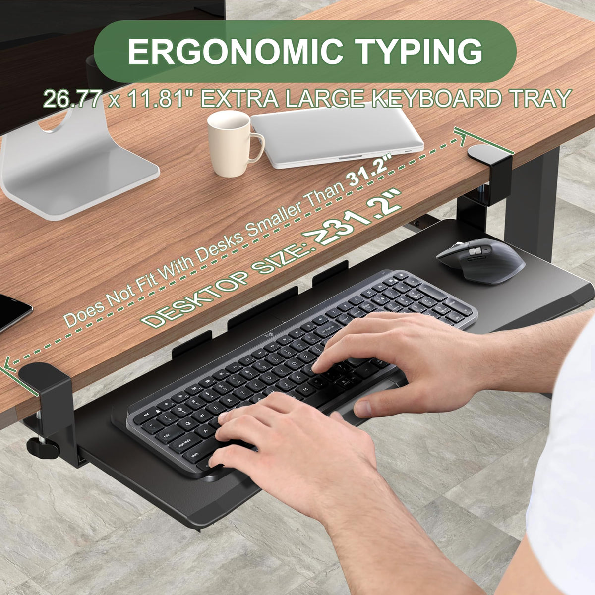 UPGRAVITY Large Keyboard Tray Under Desk - Slide Out with Sturdy C-Clip Mount System, 27 (31.2 Including Clamps) X 11.81 Put-Out Keyboard Tray Computer Drawer for Ergonomic Typing, Black