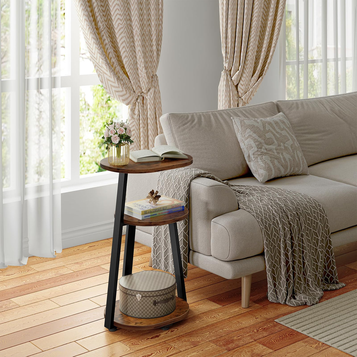 Kalrin Side Table, Small End Table with Metal Frame, 3-Tier Bedside Tables, Round Side Tables for Living Room Bedroom Couch Bathroom, Oval, Vintage Brown