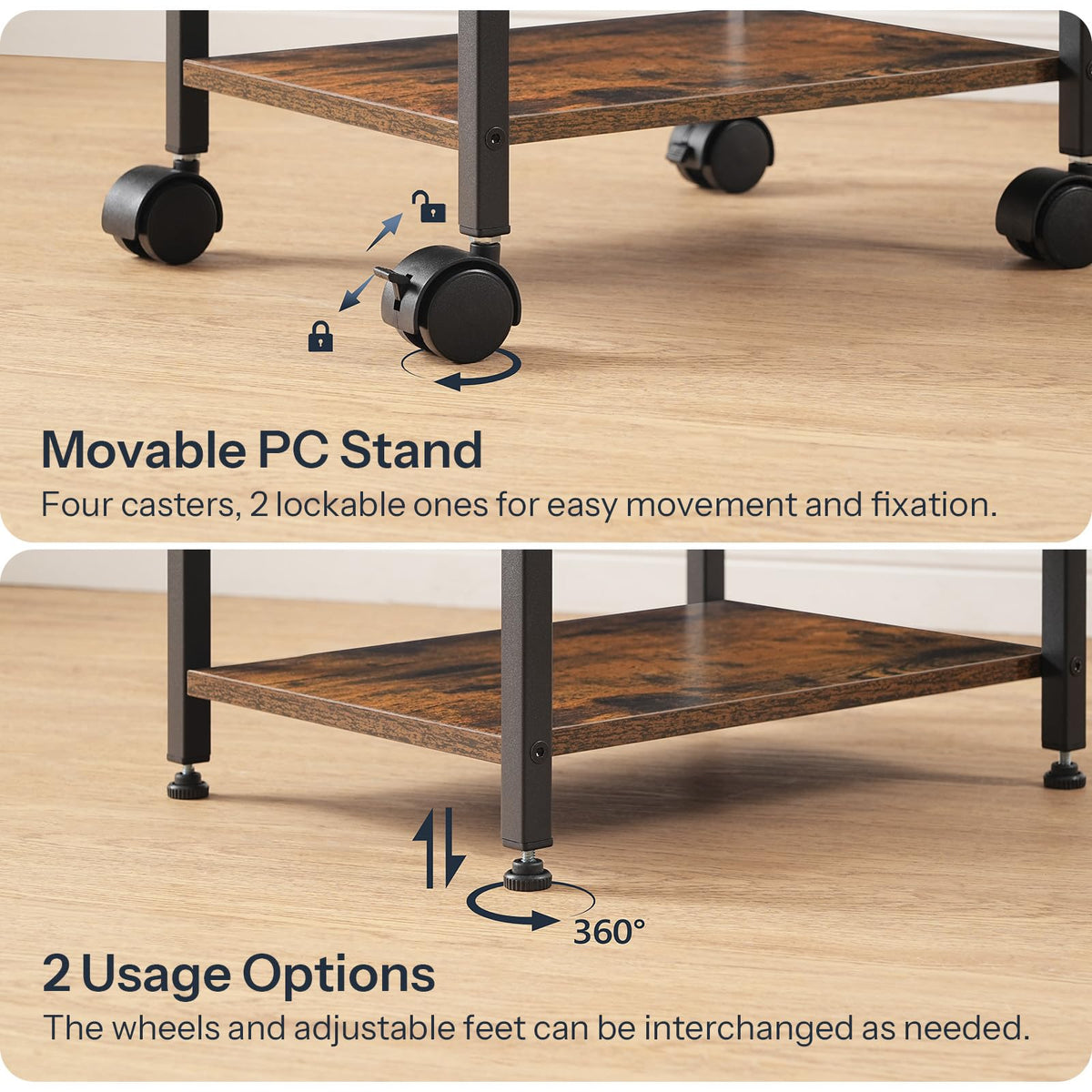 HOOBRO PC Stand, 2-Tier PC Tower Stand Fits Most Computer Towers, CPU Holder for Floor, Height Adjustable, CPU Stand with Wheels Under Desk, for Home Office, Rustic Brown and Black BF11CJ01