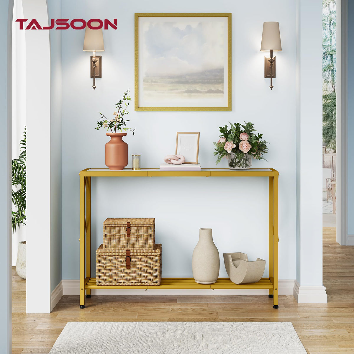 Tajsoon Entryway Table 41.8”, 2-Tier Entry Way Console Entrance Table, Narrow Sofa Table with Shelves, Ideal for Hallway, Entryway, Living Room, Foyer, Corridor, and Office (Gold & White)