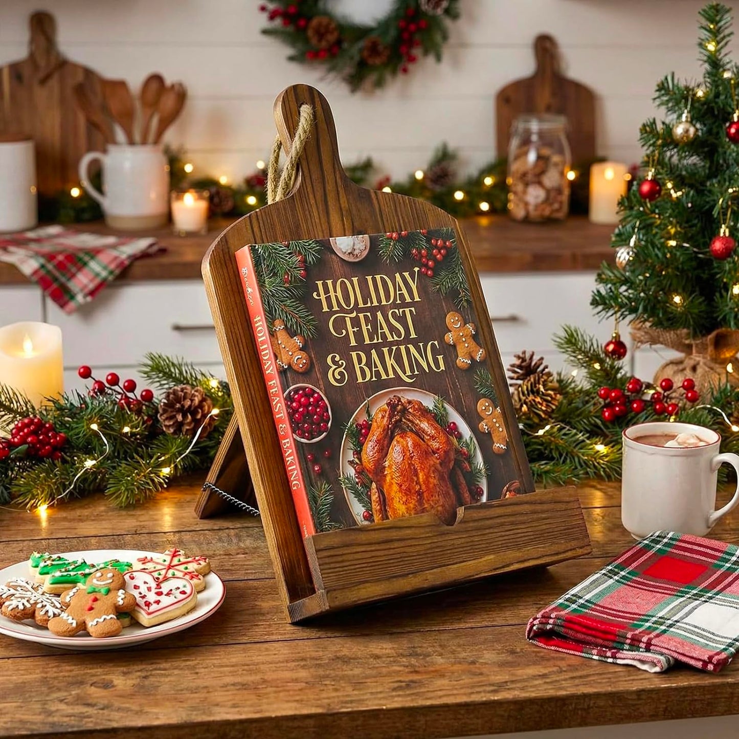 MyGift Cookbook Stand Recipe Book Holder with Brown Wood Cutting Board Design, Cookbook Holder for Countertop Display
