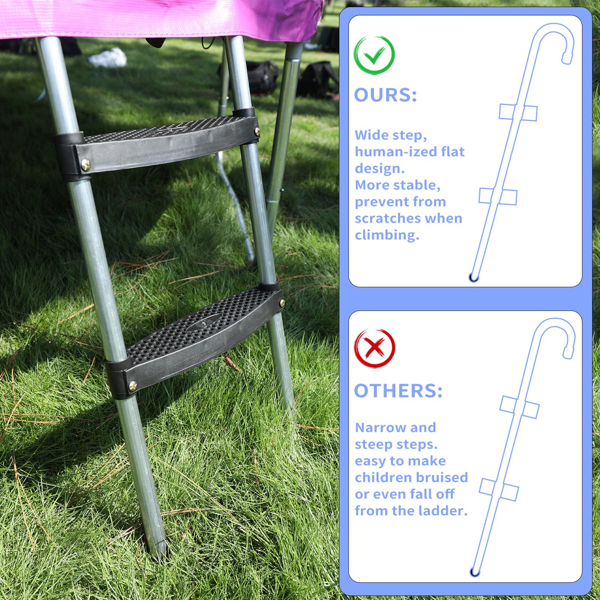 Gardenature Trampoline Ladder, 2 Steps with Wide Step, Trampoline Steps with Storage Bag, Trampoline Accessories for Kids,Silver