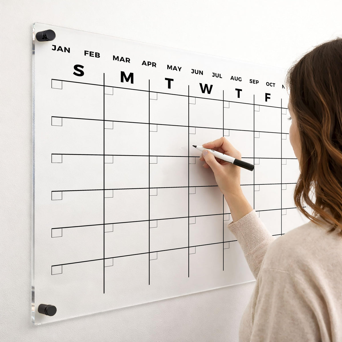 Acrylic Dry Erase Monthly Wall Calendar - Reusable Planner Board, Family Schedule Organizer, Office Schedule Board (Black Standoff, 24"x18")