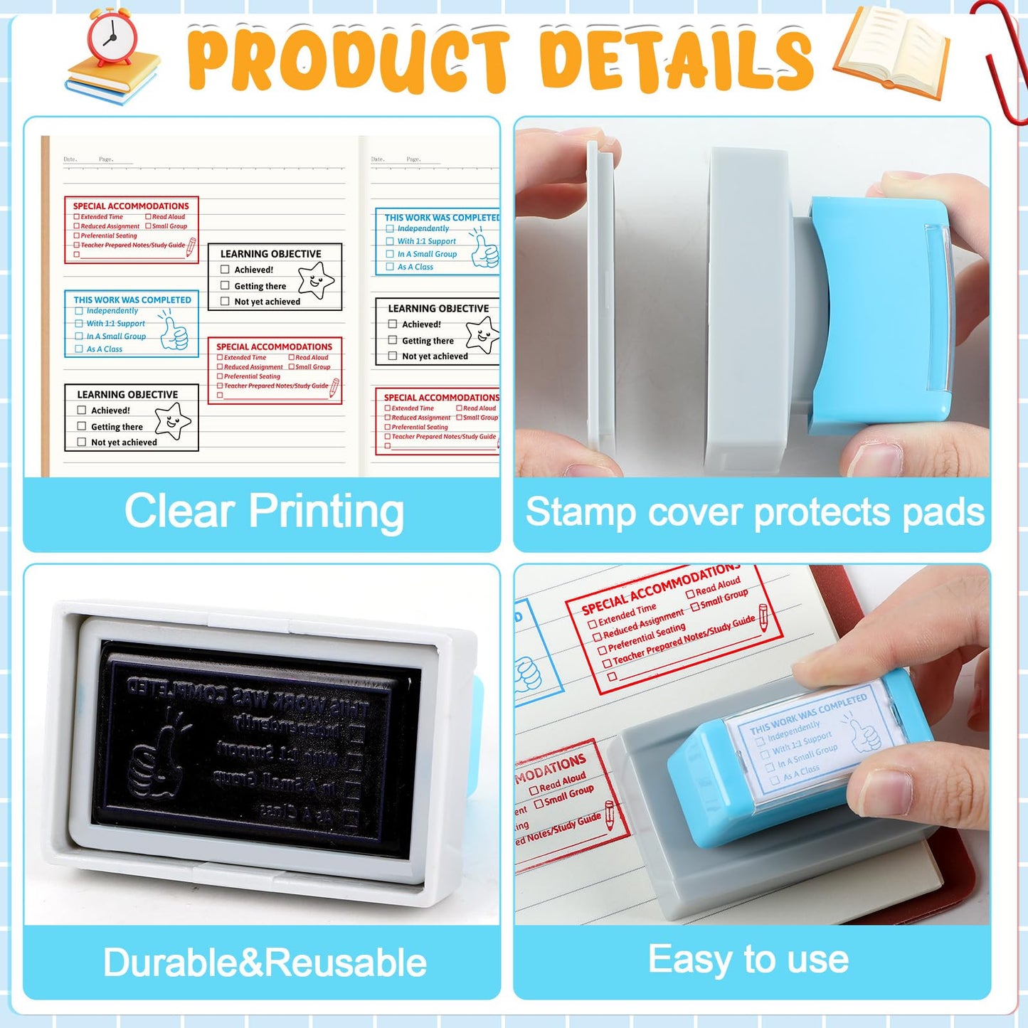 3 PCS Teacher Stamps for Classroom Self-Inking Accommodations Stamp Set Completed Grading Learning Rubber Behavior Teacher Stamps for Back to School Homework Student Dormitory Supplies Gift