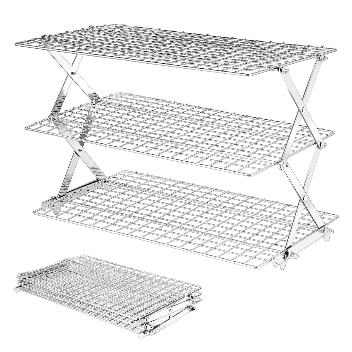 BEWOS 3-Tier Collapsible Cooling Rack - Adjustable Stainless Steel Baking Rack with X-Shaped Design and Leak-Proof Mesh Surface, Mirror Polished & Dishwasher Safe Cooling Rack