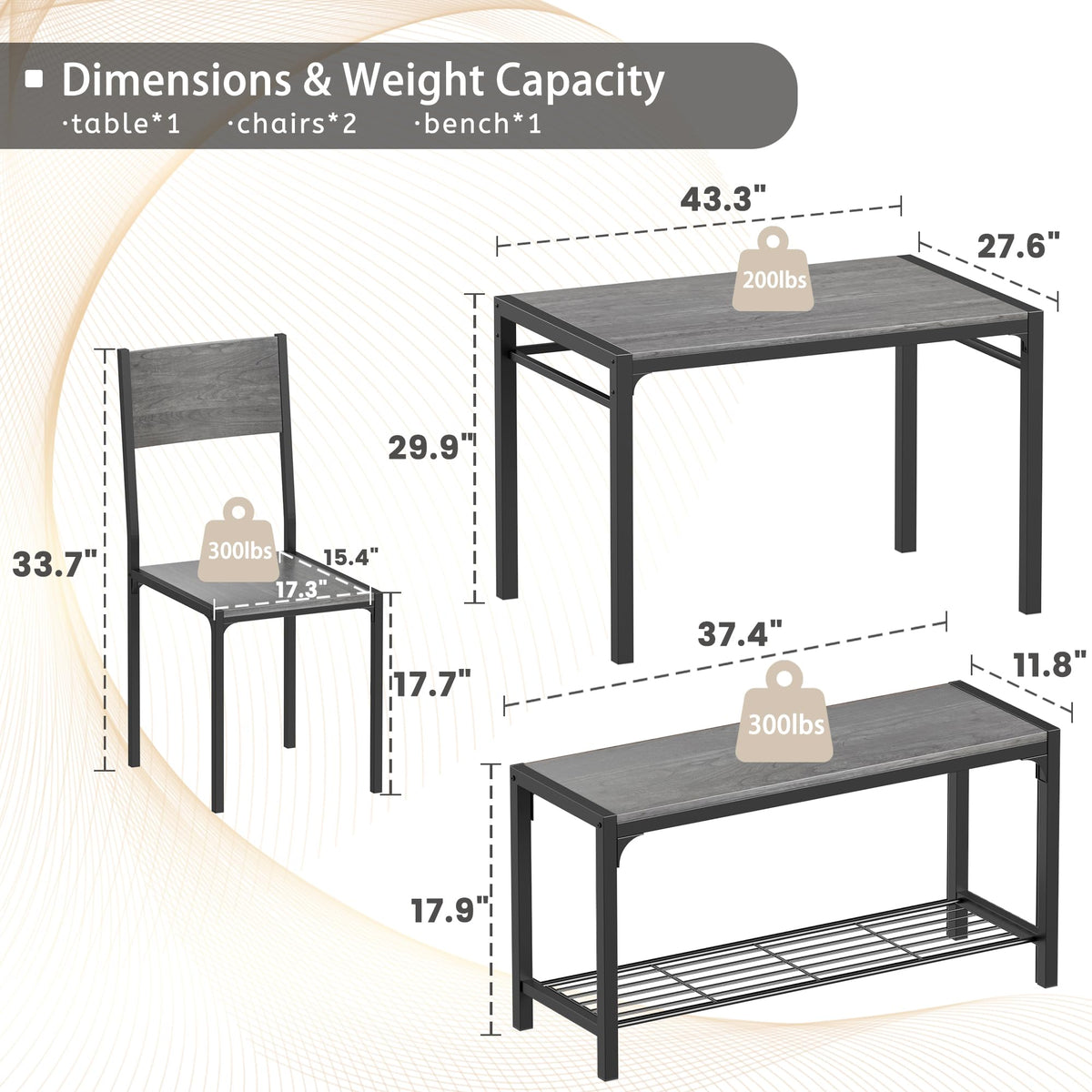 JUMMICO 43.3" Dining Table Set for 4, Kitchen Table with Bench & 2 Chairs Modern Rectangular Metal Frame Dining Furniture Set for Small Space (Grey)