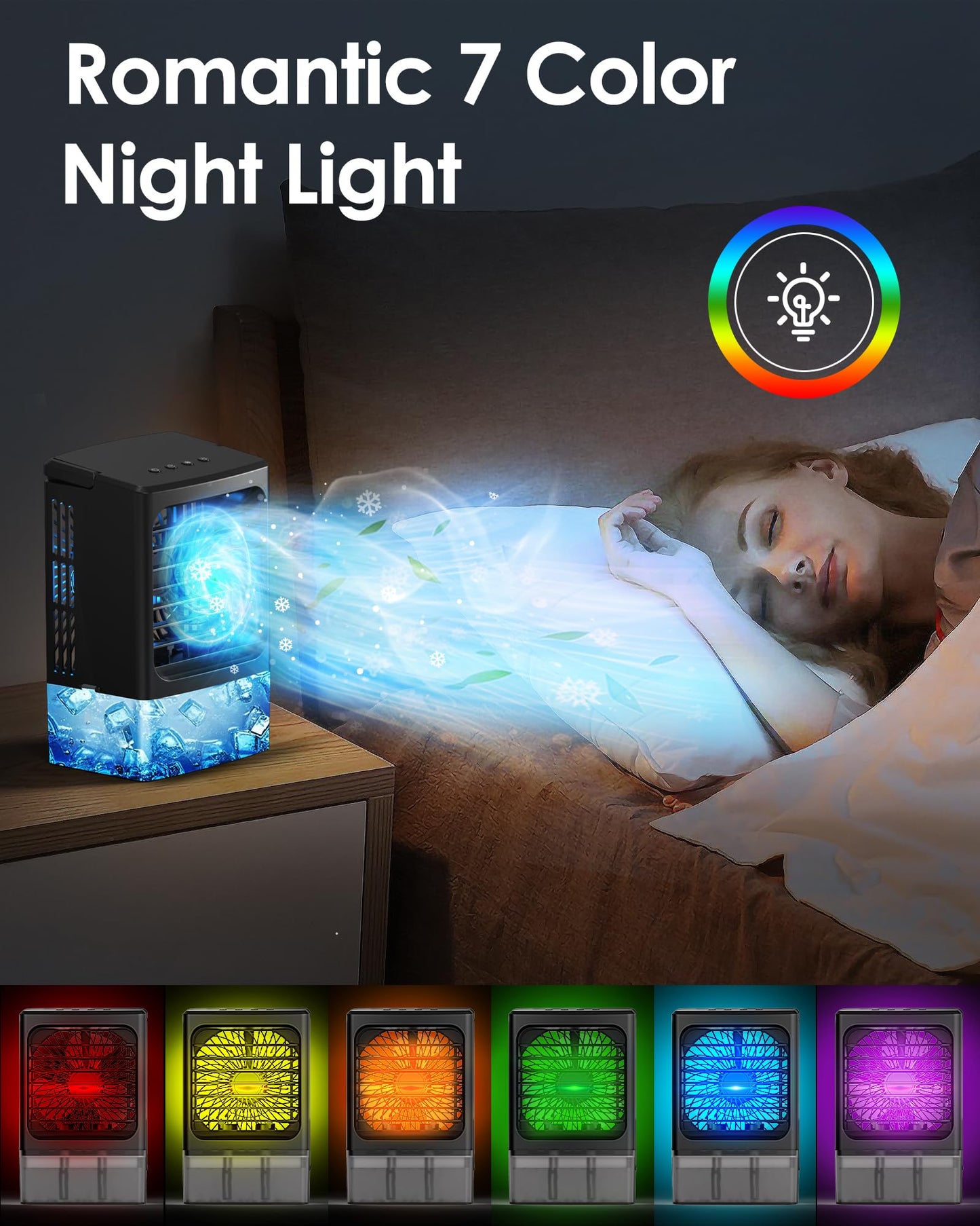 Mini Air Conditioner,Portable Air Conditioners,Evaporative Air Cooler Humidifier, 3 Speed Quiet Personal Cooling Fan, 7-Color LED Night Light, 4/8H Timer for Bedroom, Office, Camping, Room,Home