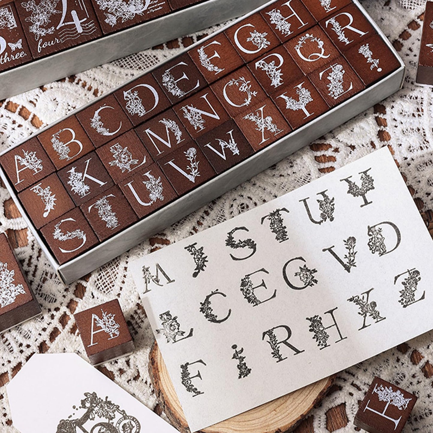 SIBLYMONA Flower Style Wooden Rubber Stamps Set - 10Pcs Number or 27Pcs Alphabet Stamps for Crafting - Decorative Letter and Number Stamp Kit (Alphabet(27Pcs))