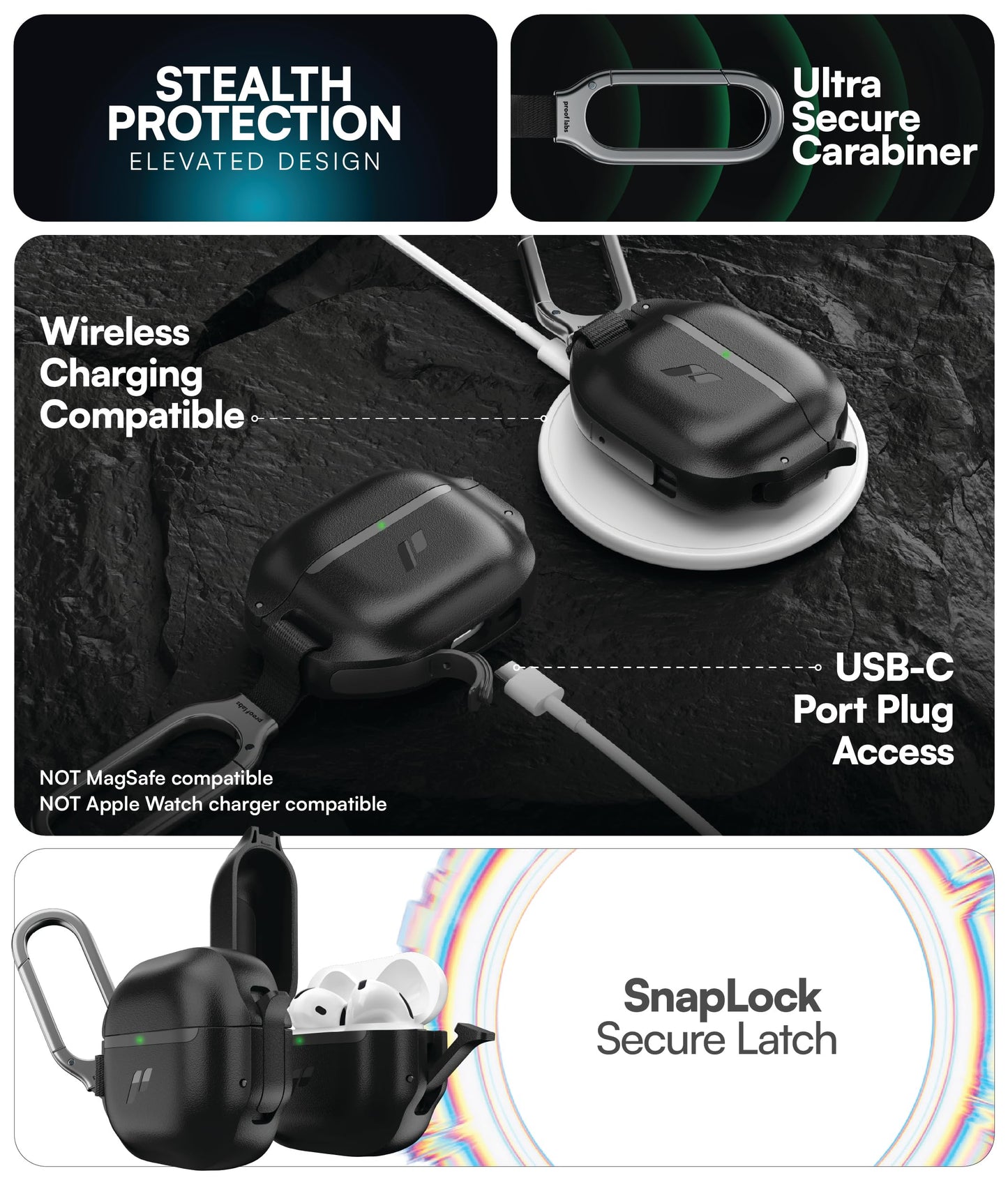 Proof Labs for AirPods 4 Case with Lock - Tough AirPods 4th Generation Case Cover with Carabiner, Rugged Protection and Hard Protective Shell (Black, AirPods 4th Gen)