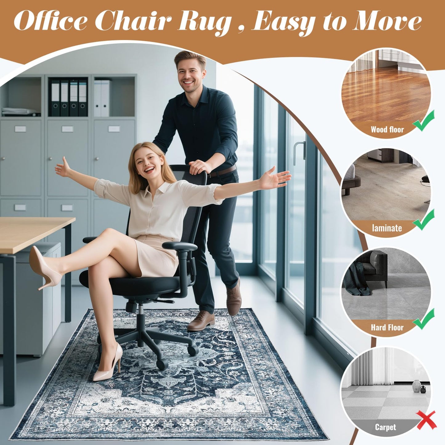 Office Chair Mat for Hardwood Floor & Tile Floor, 36"x48"Anti-Slip Under Desk Carpet Protector for Rolling Computer Chair Mat, Machine Washable Office Area Carpet (Chenille,Blue)