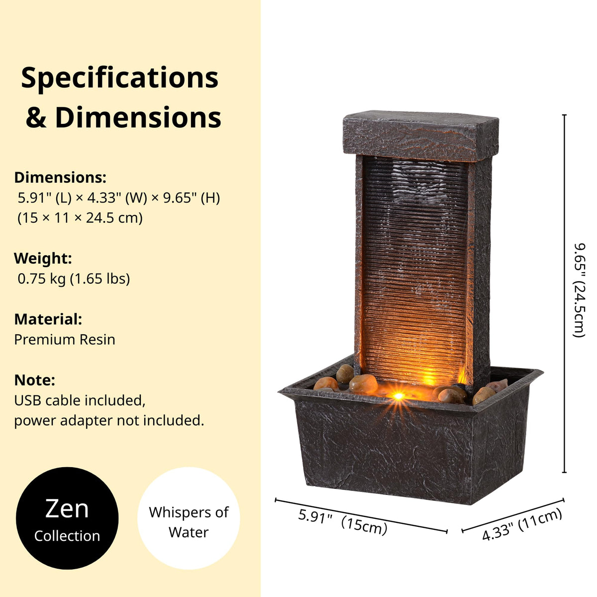 Straight Panel Tabletop Water Fountain LED-Lit – Indoor/Outdoor Decorative Waterfall Feature with Soothing Lights & Flowing Water for Home, Office, or Garden Décor