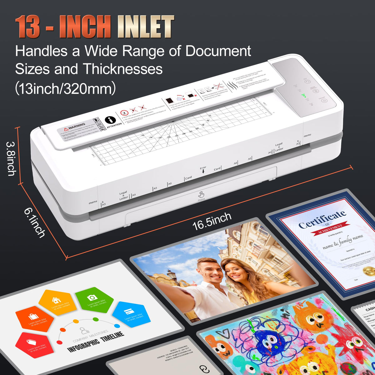 Commercial Laminator Machine 13 Inch 4-Roller, 55s Fast Warm-Up Never-Jam Lamination Machine, 3-10 Mil Thickness, Supports 11x17 & A3 Document Laminating, Includes 30 Laminating Sheets White