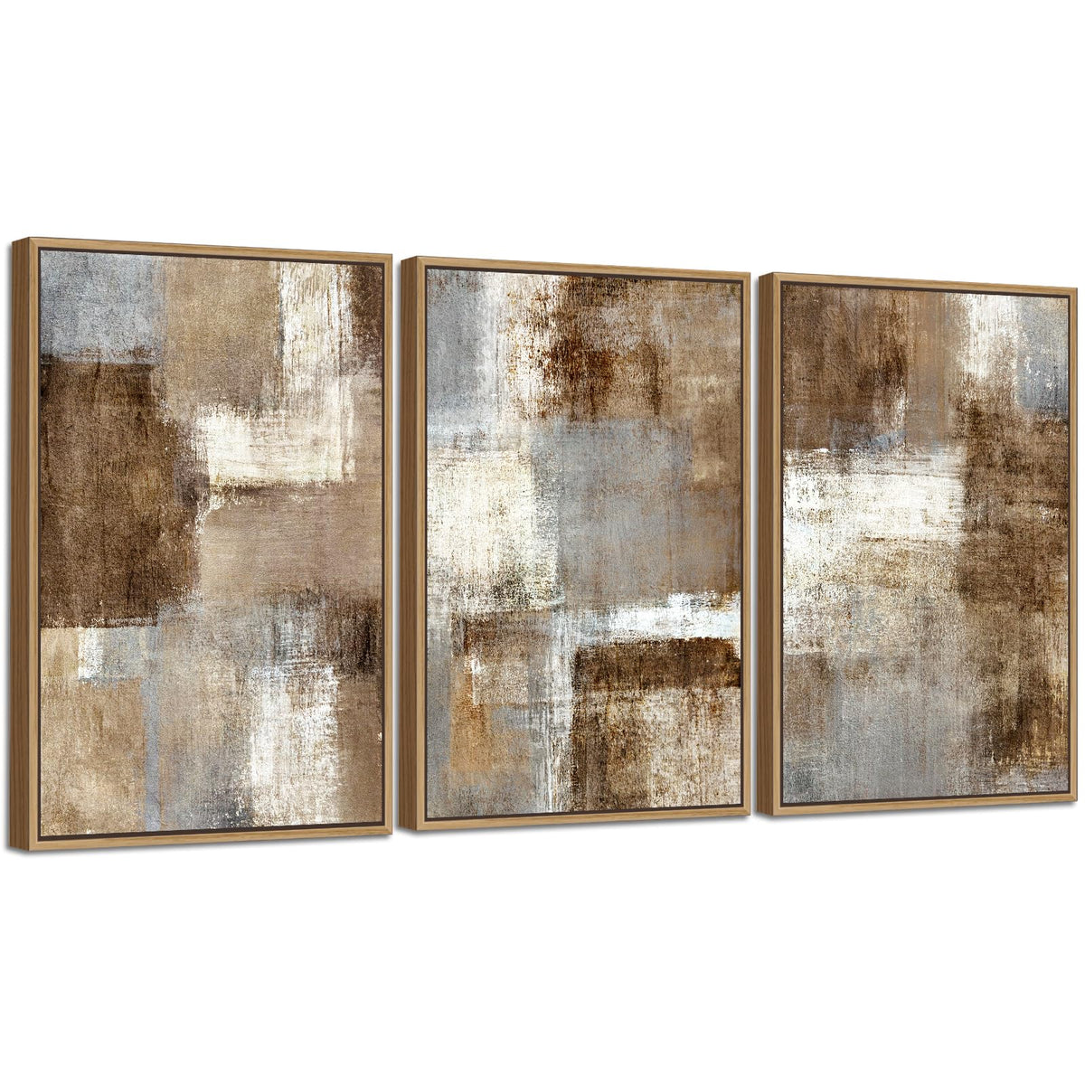 Large Abstract Framed Wall Art - Natural Float Framed Canvas Pictures Wall Art Prints for Living Room Decor Rustic Artwork Brown for Bedroom Kitchen Home Office Decoration 72" X 36" Set of 3