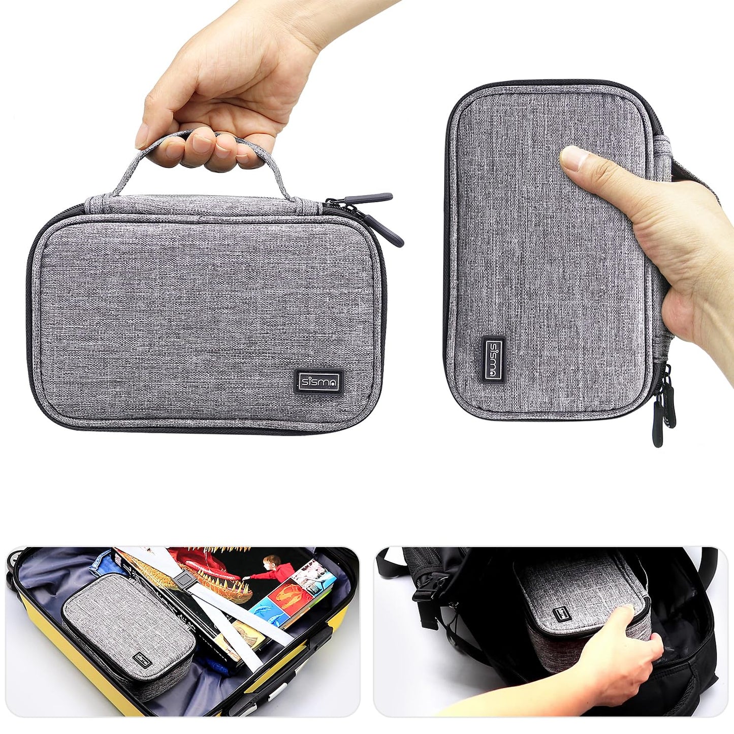 sisma Travel Electronics Organizer Small Carrying Case for Cables Phone Chargers USB Plugs Power Cords Earbuds Adapter Tech Accessories Pouch -Grey