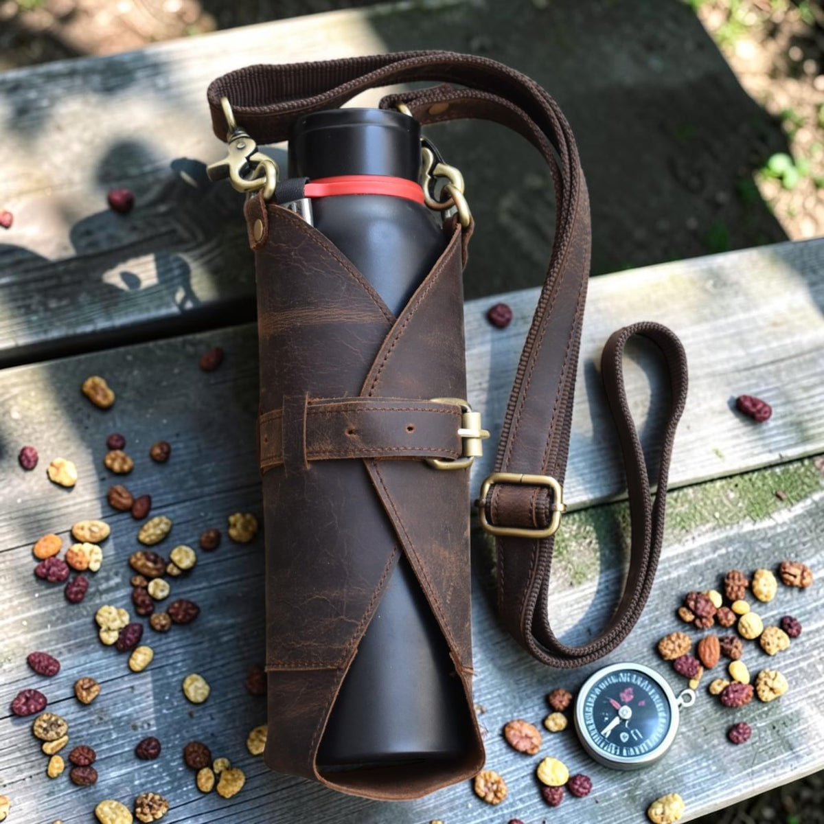 Leather Water Bottle Holder with Strap, Heavy Duty Brass Crossbody Brown Sling Bag, 1 Liter Universal Tumbler Carrier for Travel, Hiking, Walking & Camping (Bottle Excluded)