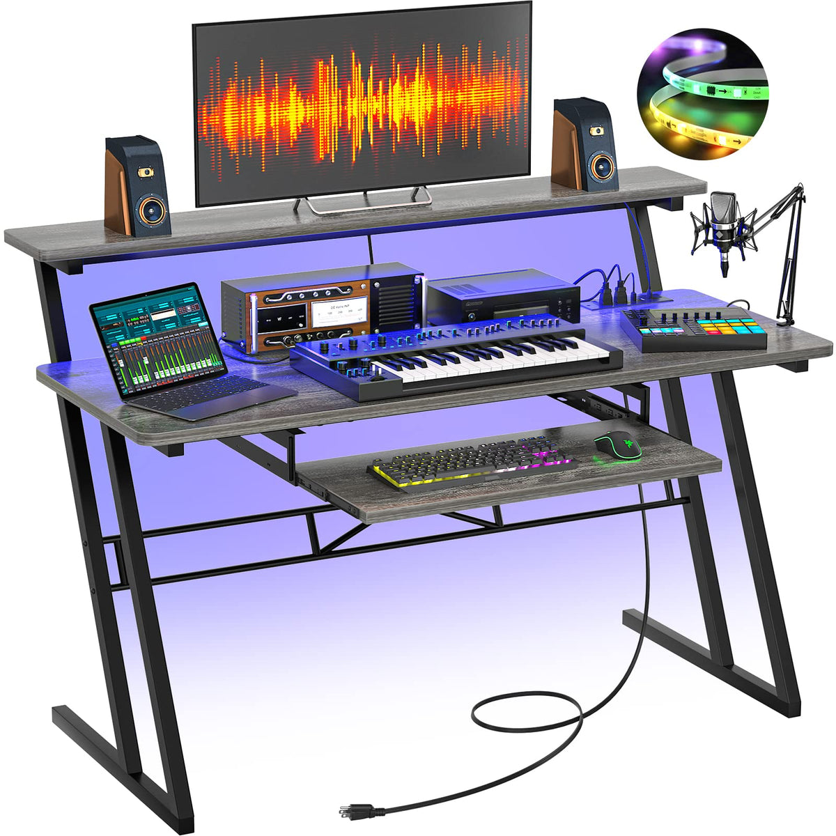 Armocity Music Studio Desk, Music Production Workstation with Power Outlets and RGB LED Lights, Recording Studio Table Desks Music Producer for Home, Grey Oak