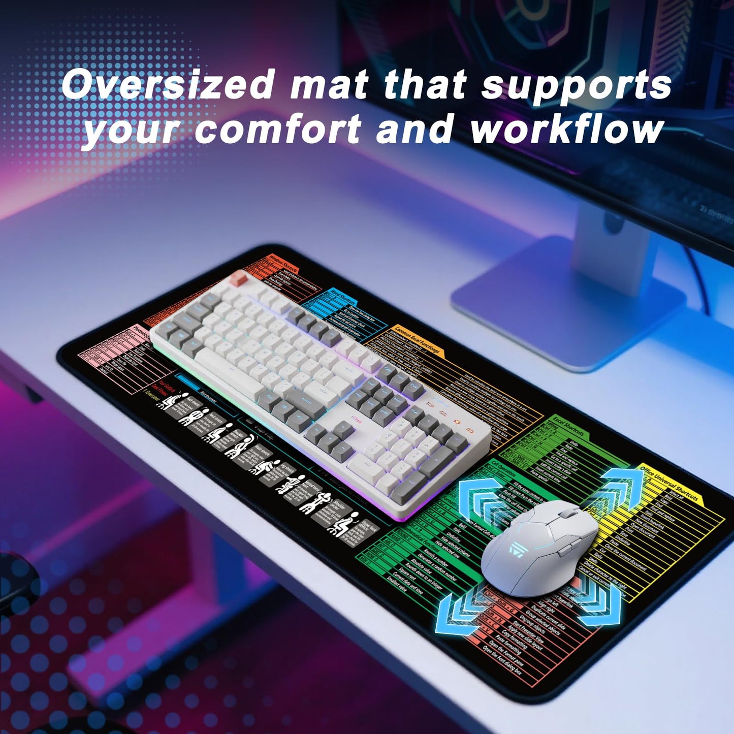 Excel Cheat Sheet Mouse Pad,Extended XL Mousepad(31.5" x 11.8"),Excel/Word/Power Point/Windows Mousepad,Non-Slip & Waterproof & Stitched Edges Gaming PC Office Desk pad mat