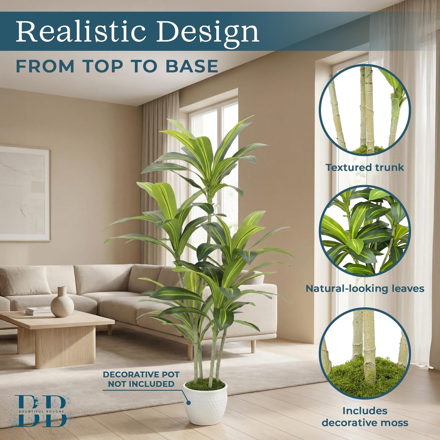 4’ (120 cm) Dracaena Artificial Tree with Small Black Pot & Moss – Lifelike Natural Look, Maintenance-Free, Indoor & Outdoor Plant for Home, Office, Balcony & Patio