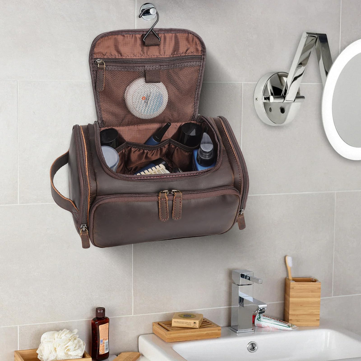 Polare Full Grain Leather Toiletry Case Bag Travel Dopp Kit Organizer Hanging Makeup Cosmetic Shaving Kit Wash Case for Men