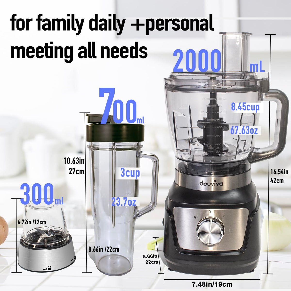All In One Food Processor Blender Bombo 1000W,8 Cup Food Processor,24oz To-Go Lid Cup, for Smoothies/Shakes/Mixing/Shredding/Slicing/Chopping/Dough/Grinder, Black