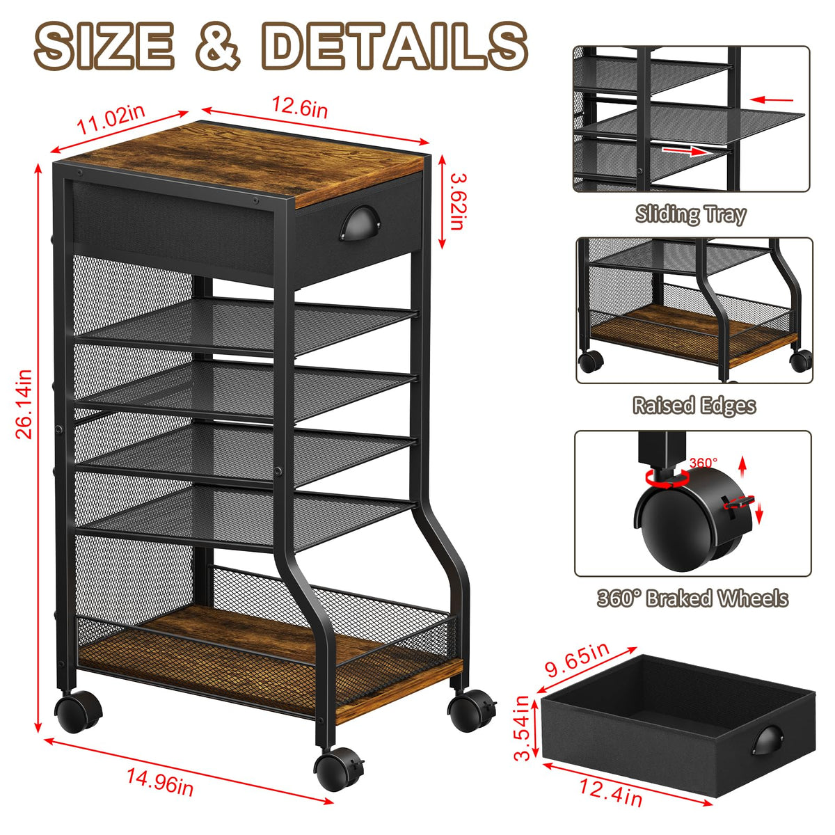 keomaisyto 6-Tier Rolling File Cart with Drawer, Under Desk Storage with Paper Letter Sliding Trays, Standing File Organizer with Wheels, Slim Workspace Organizers for Office/Home/School/Study