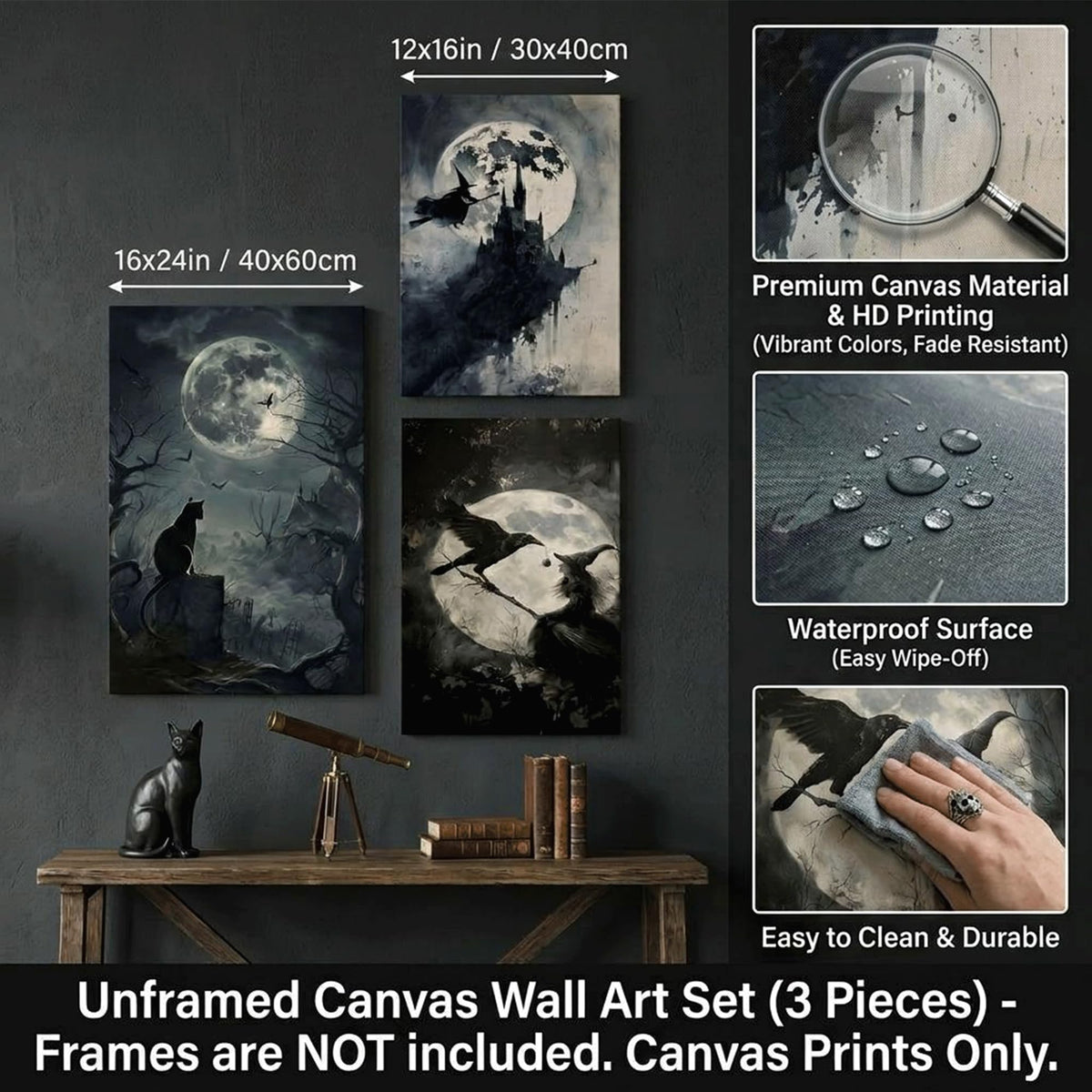 SOUHLP Gothic Wall Art Witch Black Cat Raven Poster Set, 12x16in
