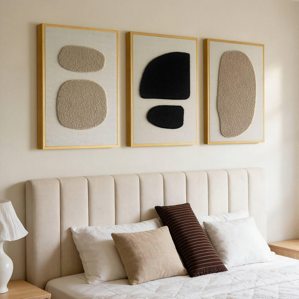 3D Textured Wall Art Bedroom, Set of 3 Abstract Geometric Minimalist Picture, Framed Linen Canvas Artwork for Living Room Office