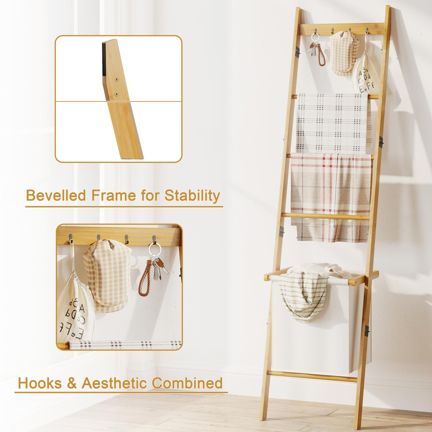 BAMBANG Bamboo Blanket Ladder with Basket, 5-Tier Quilt Rack Stand with 4 Hooks & Storage Hamper for Living Room Bathroom, Wall Leaning Decorative Ladder Shelf for Blankets Display (Natural)