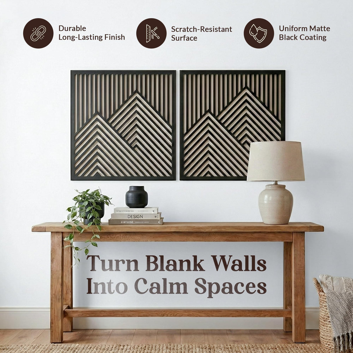 River's Edge Essentials Wood Mountain Wall Art Set of 2 – Large Wooden Wall Decor Panels, Modern Black Geometric Mountain Wall Art for Living Room or Bedroom, 21.5” x 21.5”