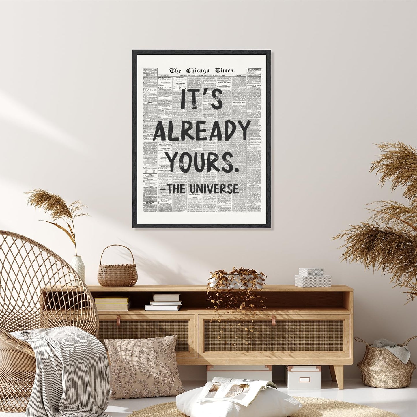 Licpach Retro Black and White Newspaper Wall Art It’s Already Yours – The Universe Positive Quote Poster Inspirational Canvas Print Motivational Wall Decor for Office Bedroom 8x12inch Black Frame