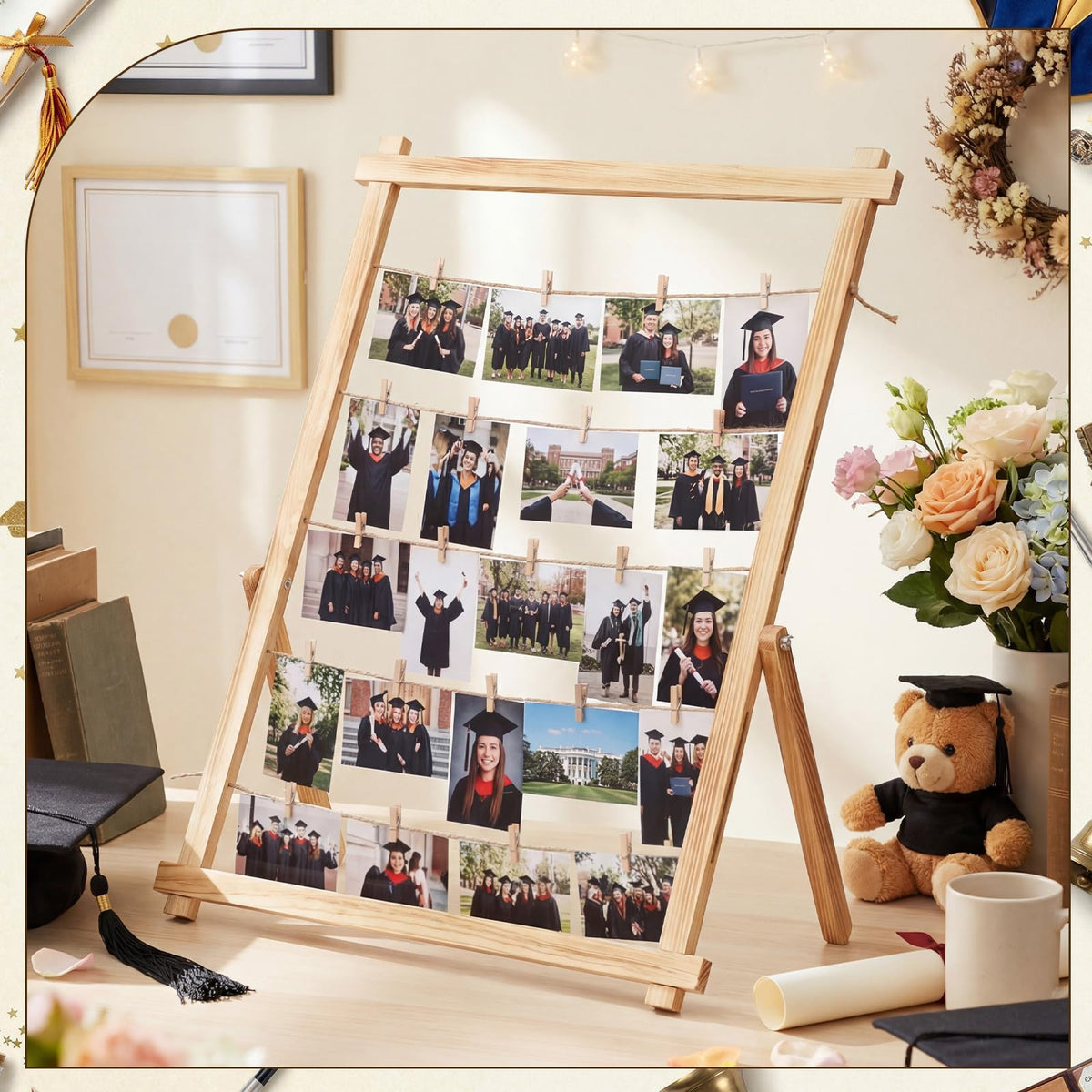 Cinnvoice 33x25 Inch Graduation Decorations Class of 2026 Freestanding Photo Display Board with 30 Clips Stable Tabletop Wooden Picture Frame Collage for Party Hanging Photos Postcards Greeting Cards