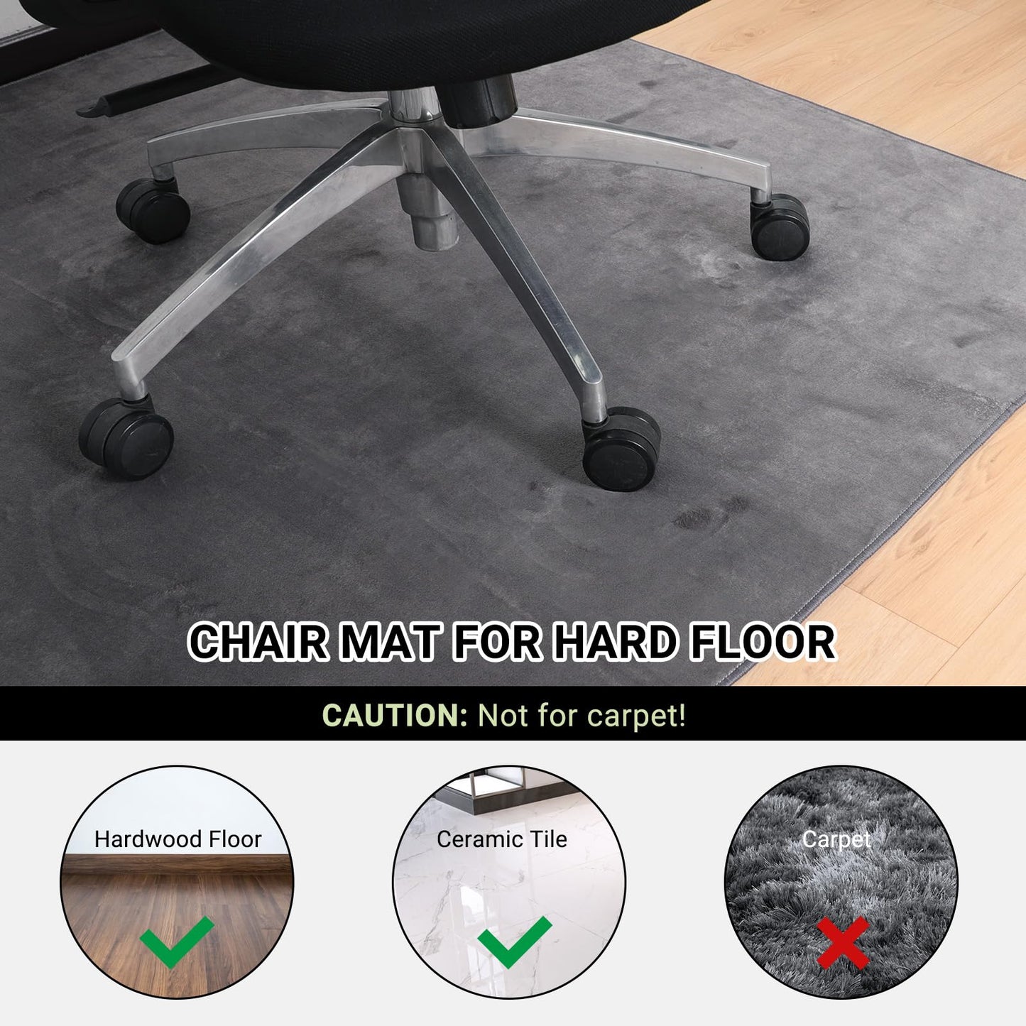 QQpony Office Chair Mat, 75" x 60" Large Chair Mat for Hard Floors, Flannel Fabric Area Rug for Hard Surface, Floor Protector Under Desk Mat for Home Office (Dark Grey)