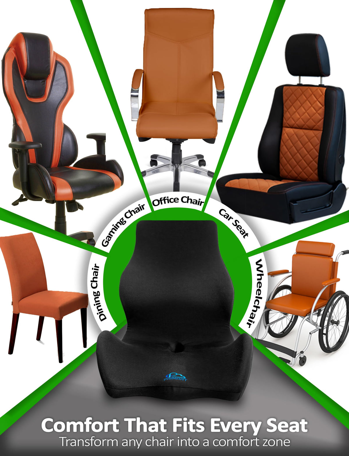 Ergonomic Memory Foam Seat Cushion for Office Chair, Car Seat, Dining, Gaming Chair & Wheelchair, Full Back & Lumbar Support Pillow One Piece, Back Pain Relief, Coccyx, Tailbone & Sciatica Pain Relief