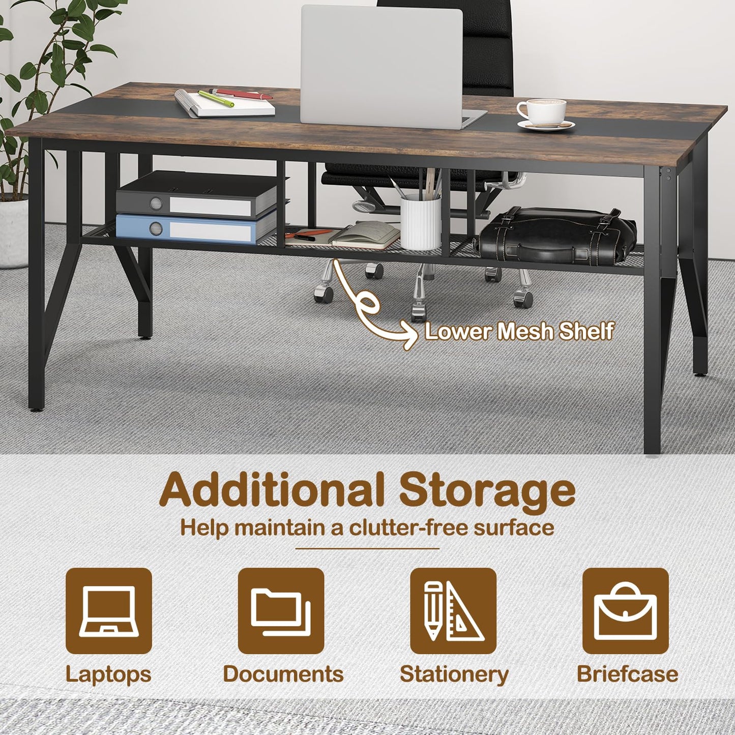 Giantex 6 FT Conference Table for 6-8 People, Modern 71" L x 38" W Large Meeting Table with Storage Shelf & Cable Grommet, Rectangle Conference Room Table for Office, Boardroom, Rustic Brown (1)
