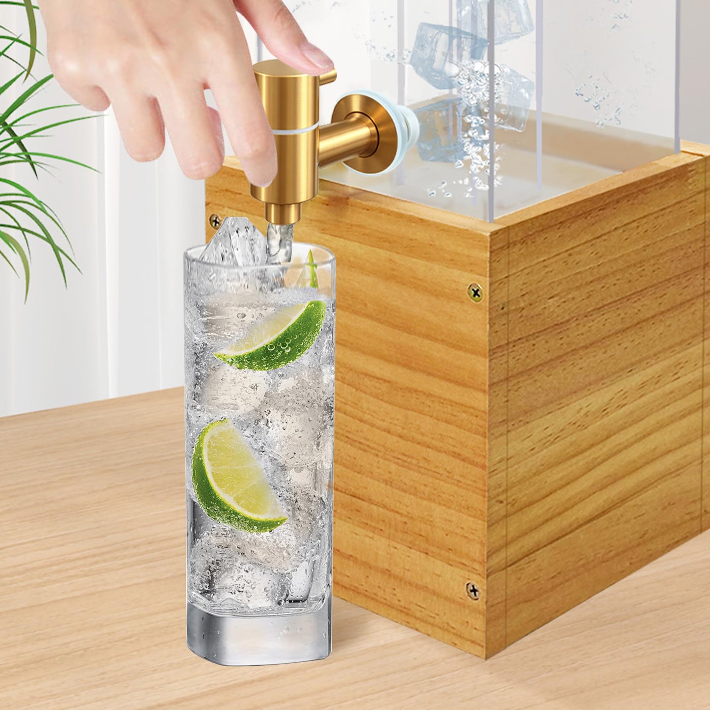 2 Gallon Large Drink Dispenser, Drink Dispenser with Wood Stand, Drink Dispensers for Parties with Ice Core, Beverage Dispenser with Airtight Valve for Water, Punch, Juice